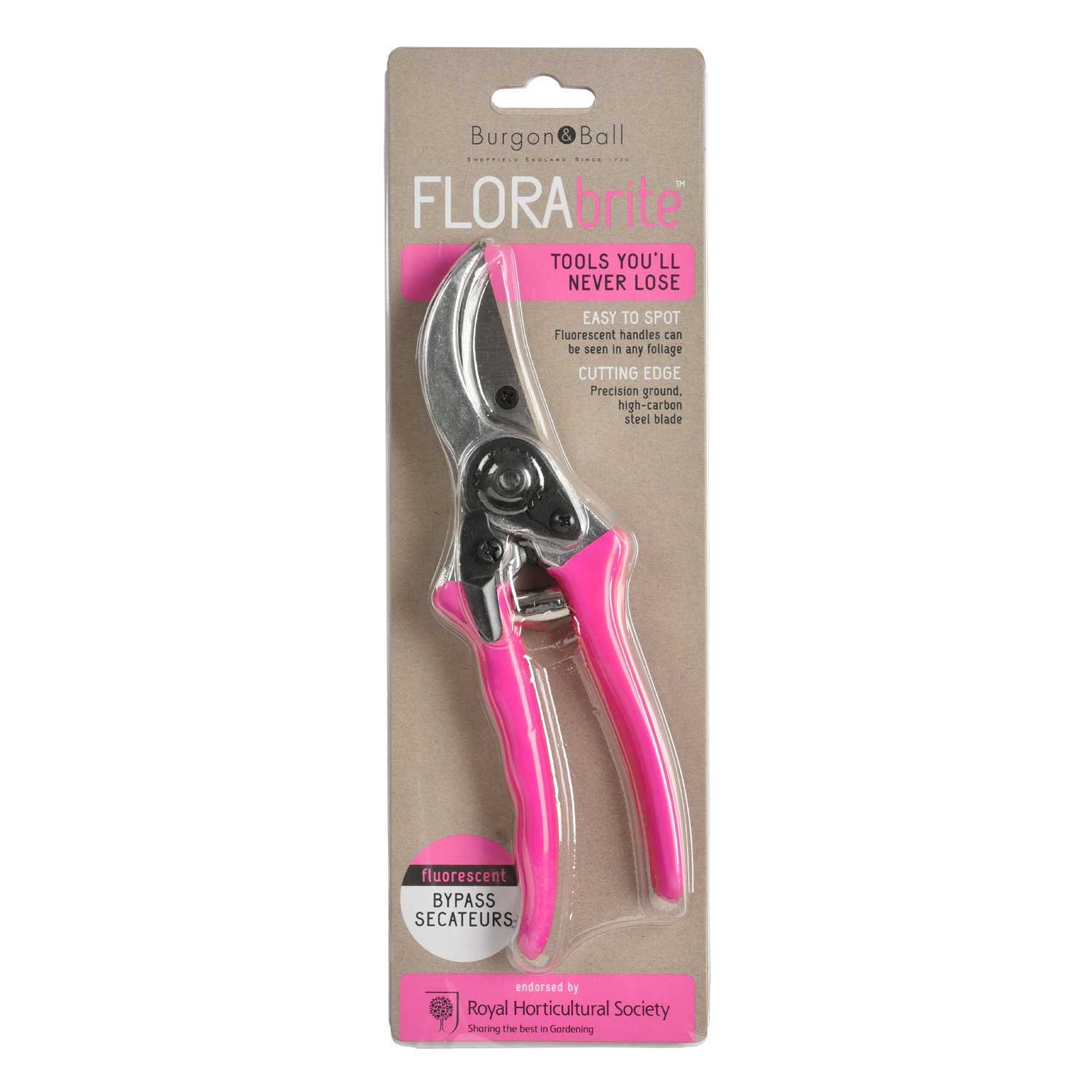 Burgon & Ball FloraBrite RHS Endorsed Bypass Secateur, 21 cm Length, Pink