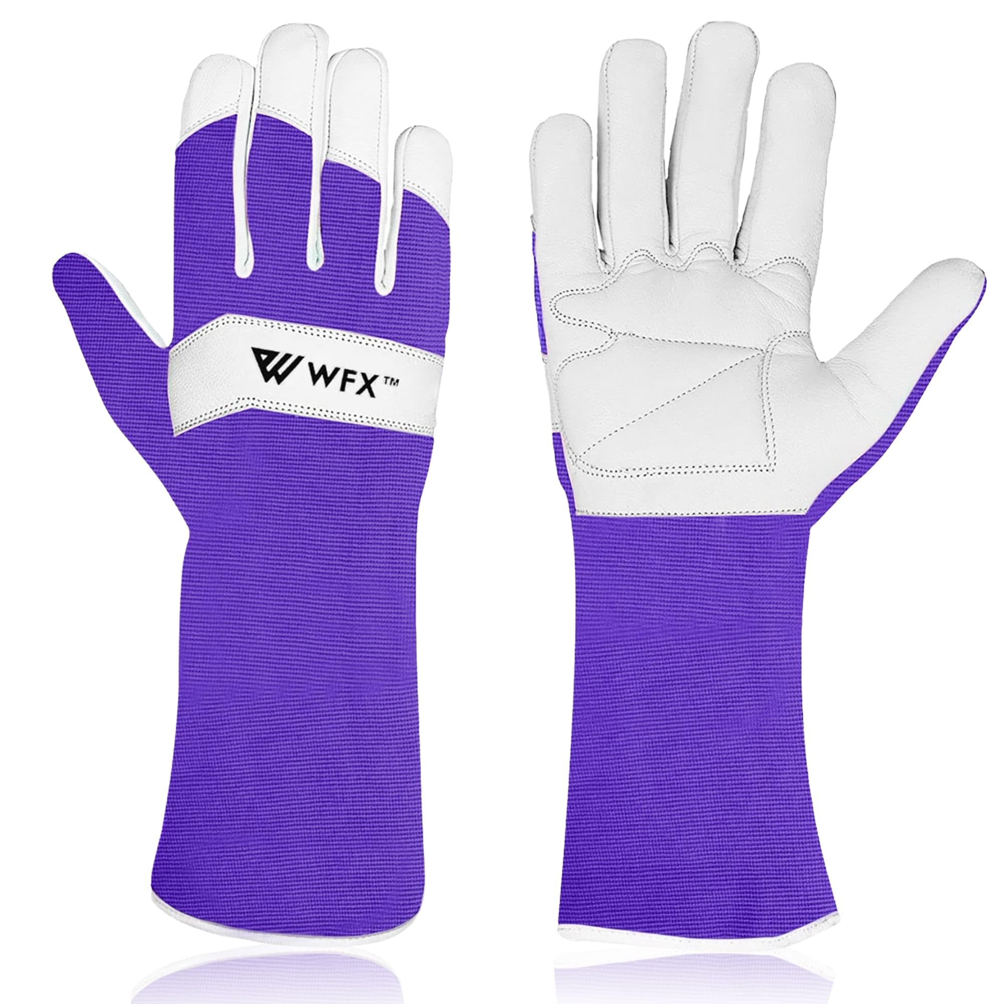 WFX Long Gardening Gloves Leather Ladies Men Women Durable Goatskin Garden Gloves Forearm Protection Thorn Proof Gardener Work Spandex Sleeves Rose Pruning Gift (Large, Purple)