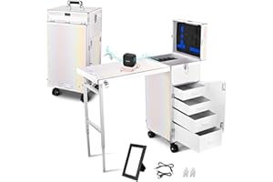 BYOOTIQUE Rolling Manicure Table Foldable Nail Table Makeup Train Case with Desk Cosmetic Trolley Travel Storage Organizer with 4 Drawers Mirror & Speaker for Technician Workstation Salon
