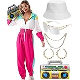 VillbeCoser Hoodies Jumpsuit 80s 90s Outfits for Women Tracksuit Costume One Piece Windbreaker Hip Hop Neon Party