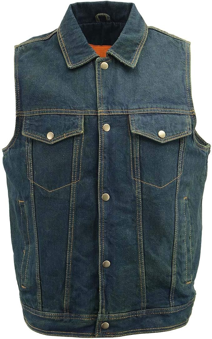 Men’s XS107 Classic Blue Snap Front Denim Vest with Shirt Style Collar