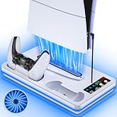 for PS5/PS5 Slim/PS5 Pro Stand and Dual Controller Charging Station | for PlayStation 5 Slim&amp;Standard Disc/Digital Console, 10 Light for PS5 Cooler Accessories Incl 3 Levels Cooling Fan