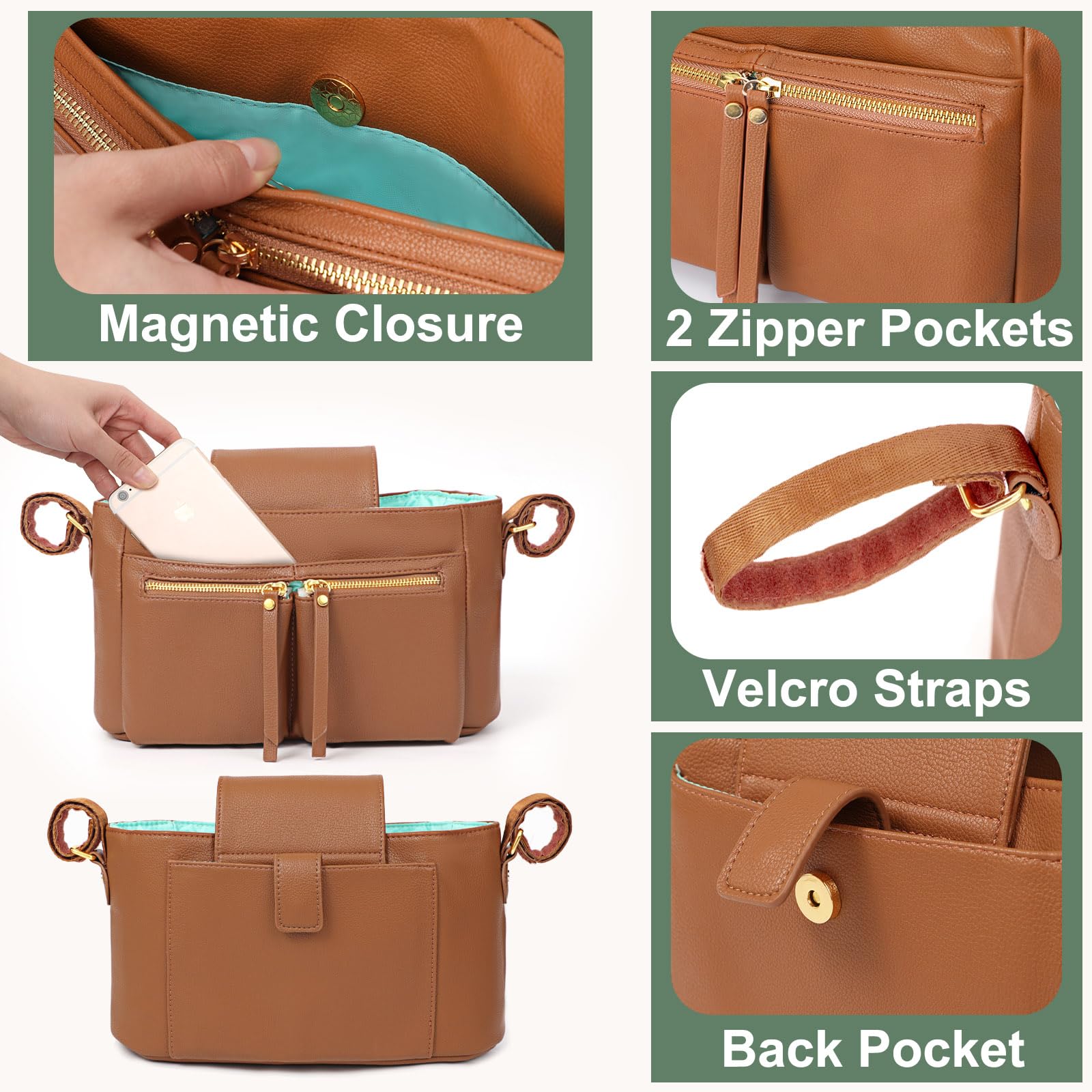 MOMINSIDE Organizer With Insulated Cup Holders, 10 Pockets Accessories Leather, Universal Stroller Caddy, Adjustable Straps, Zippered Pocket, Fit All Strollers (Brown)