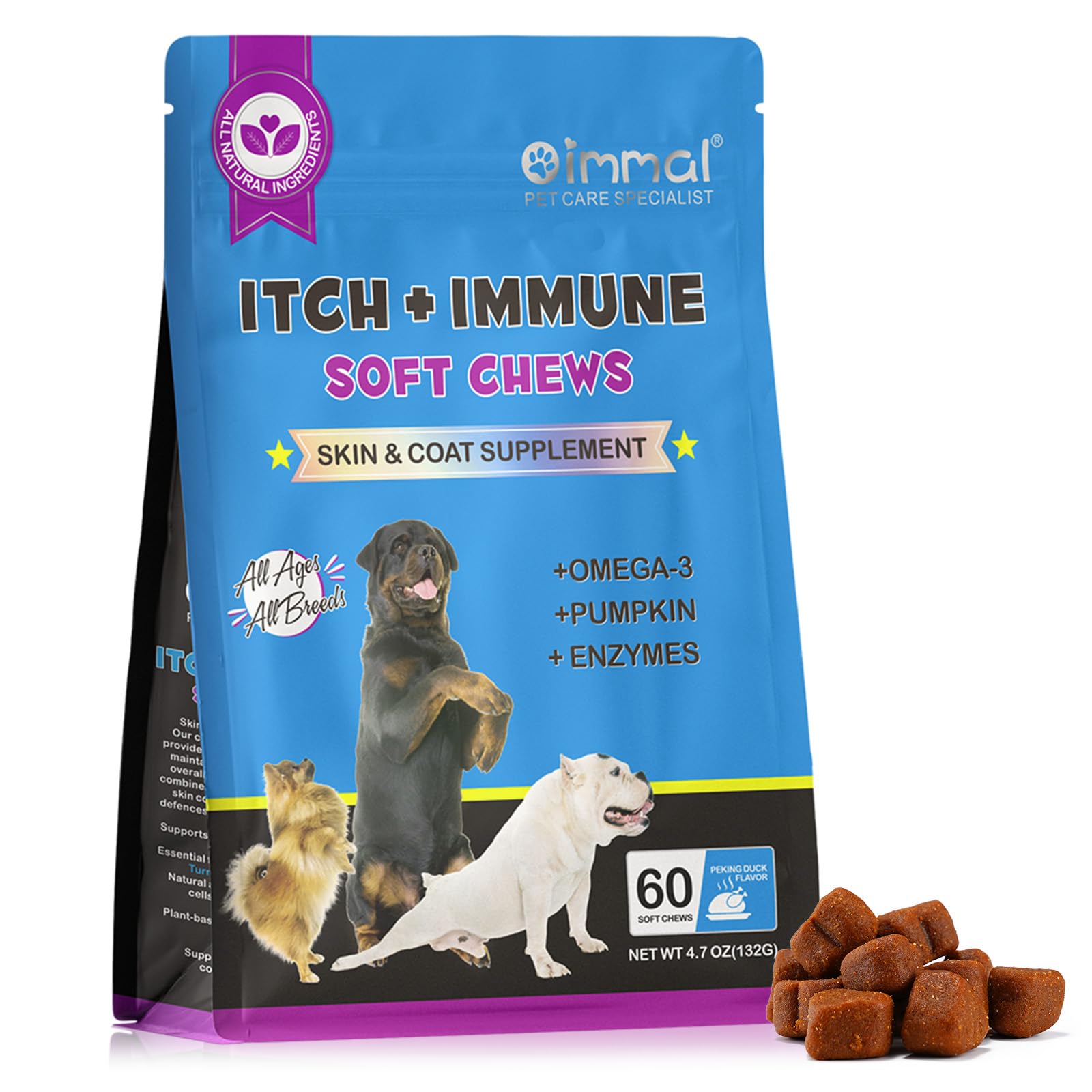 Itch and Immune Chews for Dogs(60 Chews),Skin & Coat Supplement,Soothe Itchy Paws,Skin,Eyes, Ears - Supports Seasonal Itching,for All Breeds and Sizes,Peking Duck Flavor