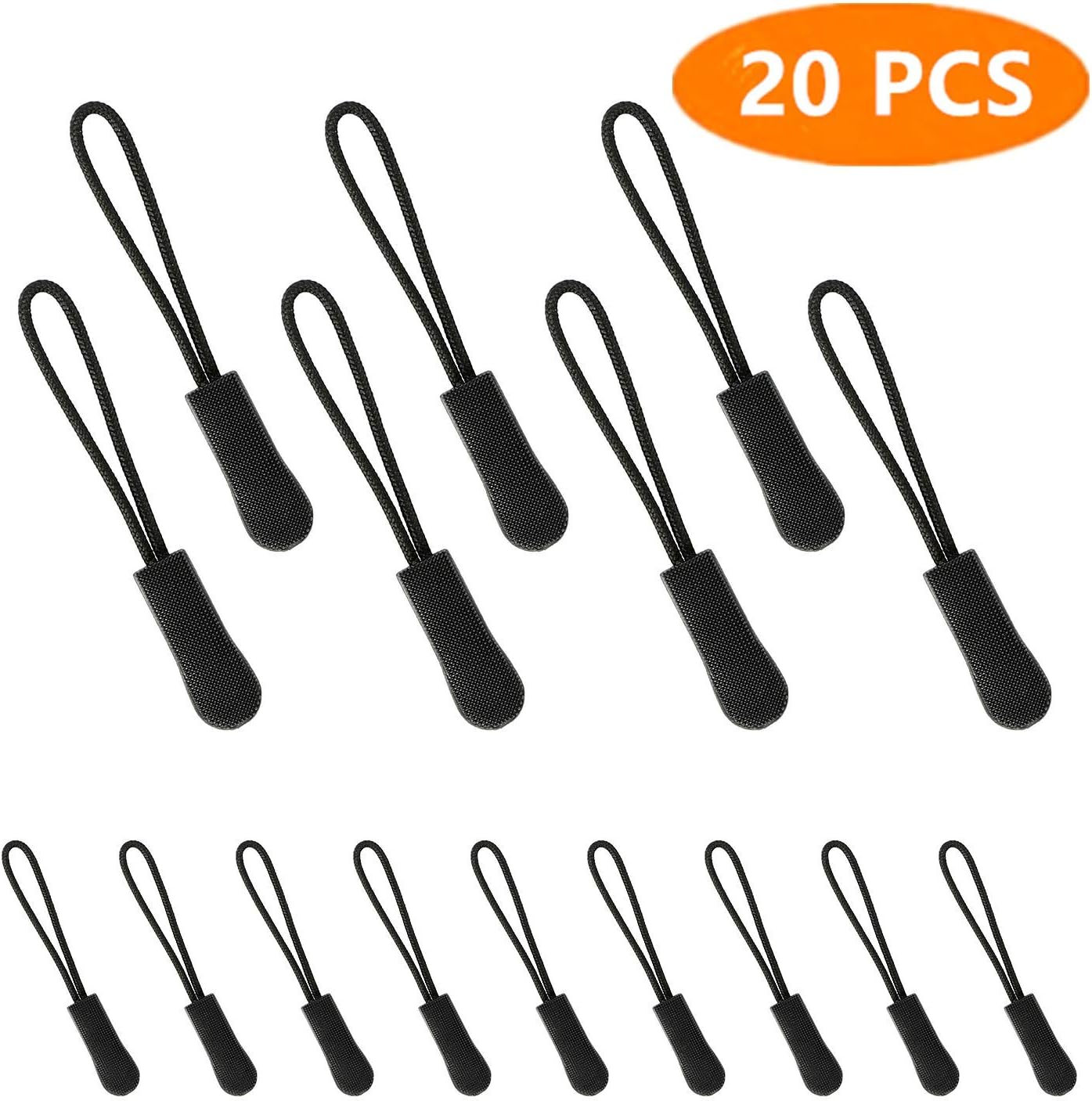 20PCS Zipper Pulls, Hopttreely Black Nylon Cord Zipper Tab Zipper Tags, Durable Zipper Extension Zip Fixer for Jackets, Purses, Belly Bags, Backpacks, Luggage