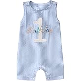 Ritatte Baby Boy 1st Birthday Outfit One Birthday Embroidery Romper Sleeveless Jumpsuit Cute Summer One Year Old Overalls