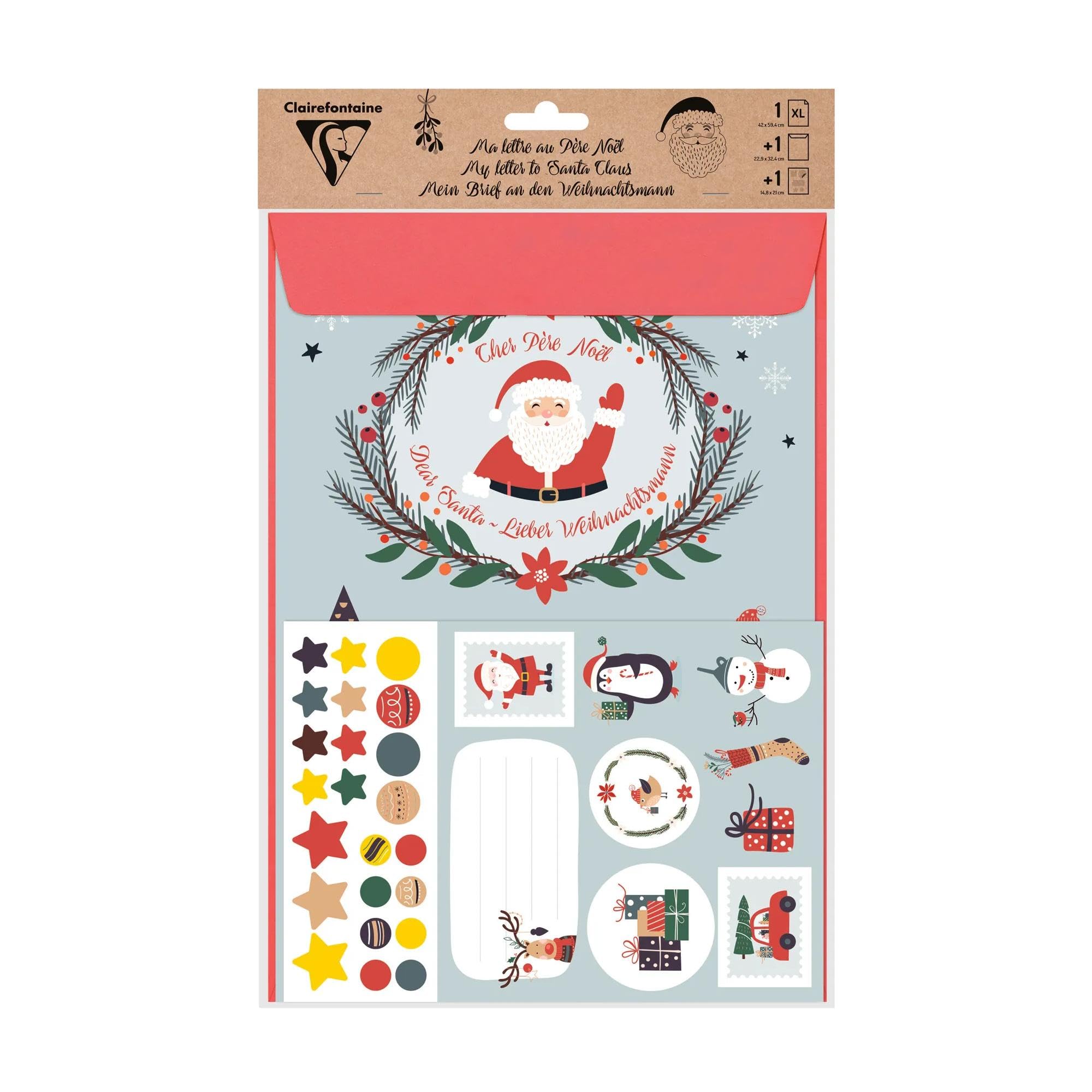 Clairefontaine 20037C - Letters to Santa Stationery Kit A2 Write Santa to Claus 1 Printed and coloured Sheet 1 Red Envelope 1 Sheet of Stickers Creative
