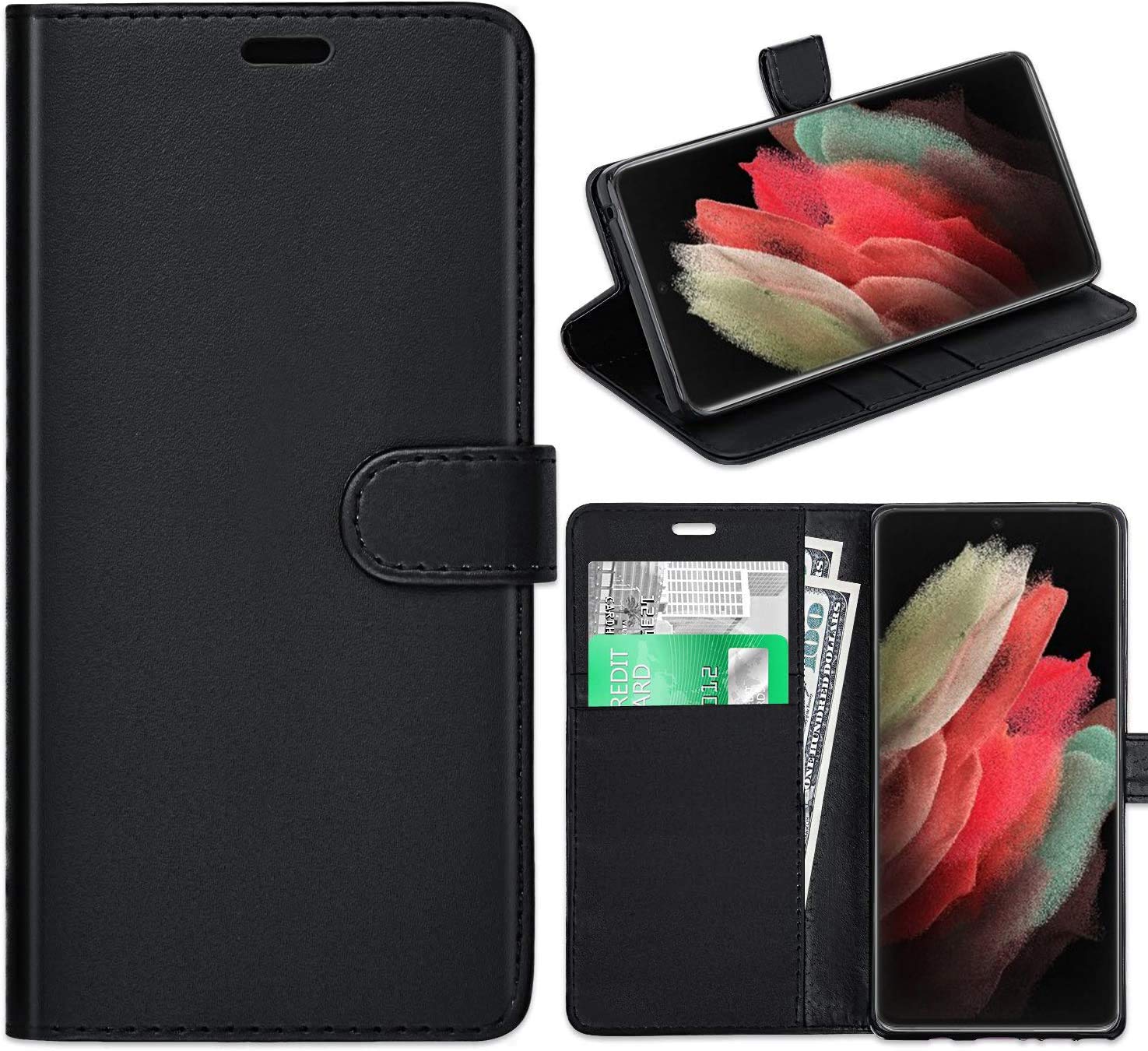 KP TECHNOLOGY Galaxy S21 Ultra Case, Galaxy S21 Ultra Leather Case, Galaxy S21 Ultra Book Flip Wallet Cover with Card Slots for Samsung Galaxy S21 Ultra (BLACK)