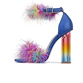 Cape Robbin Antisocial Sexy Chunky Block High Heels for Women, Transparent Strappy Open Toe Shoes Heels with Feathers