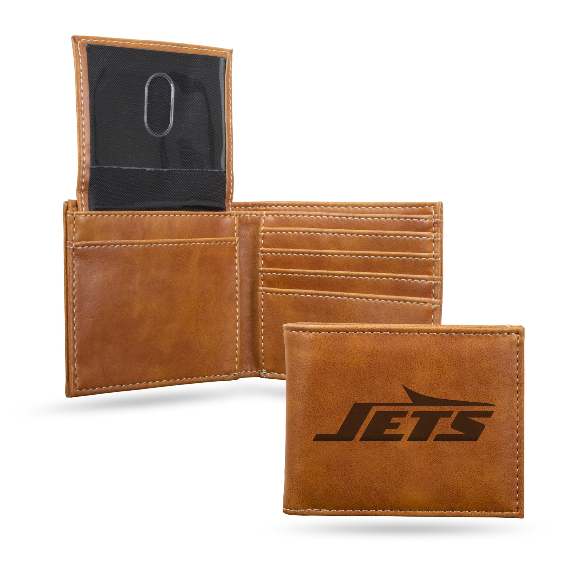 Rico Industries NFL Football New York Jets Brown Laser Engraved Bill-fold Wallet - Slim Design - Great Gift Image