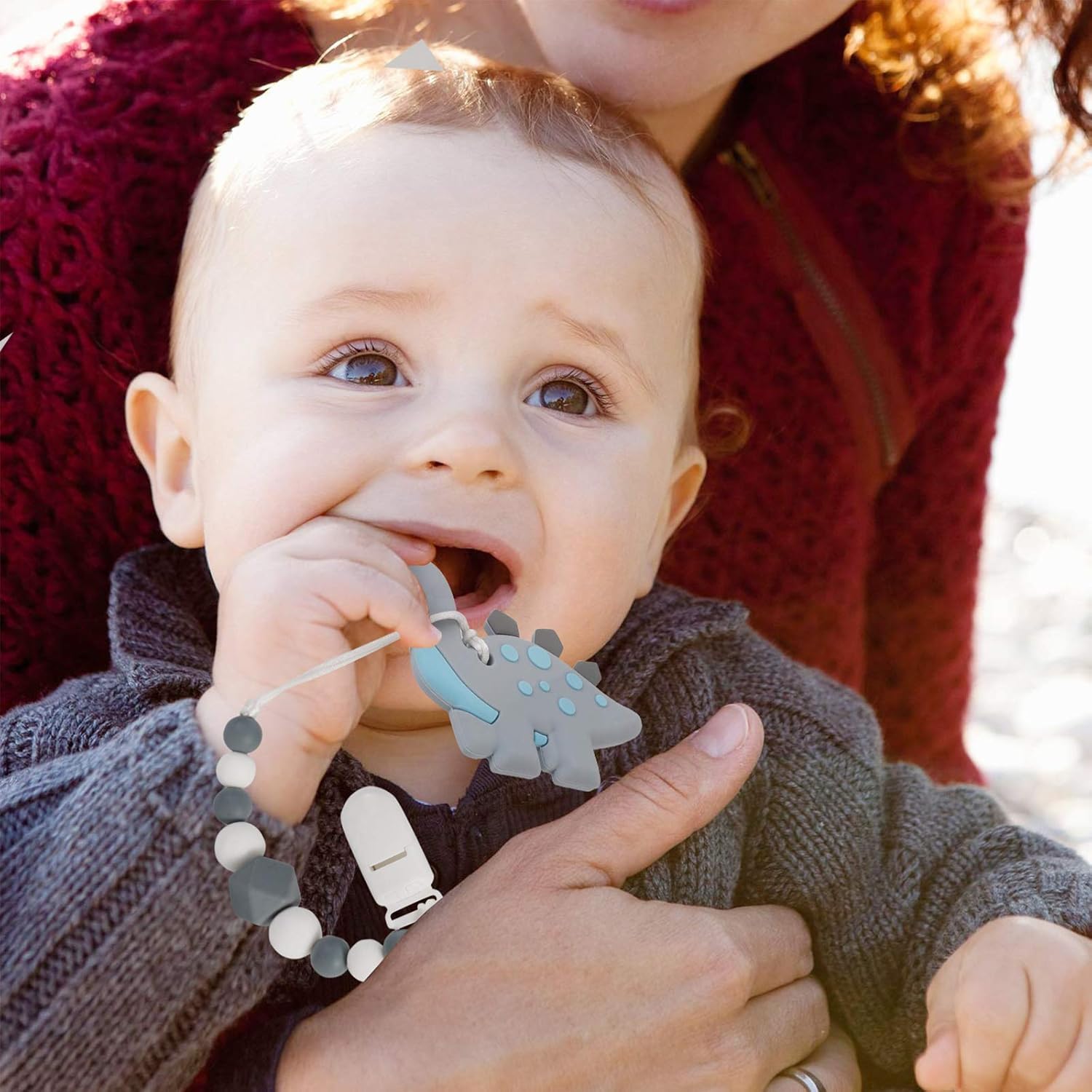 Slotic Baby Teething Toys, Dinosaur Teether Pain Relief Toy with Pacifier Clip Holder Set for Newborn Babies, Freezer Safe Neutral Shower Gift, Soft & Textured Stocking Stuffers for Boy and Girl : Baby