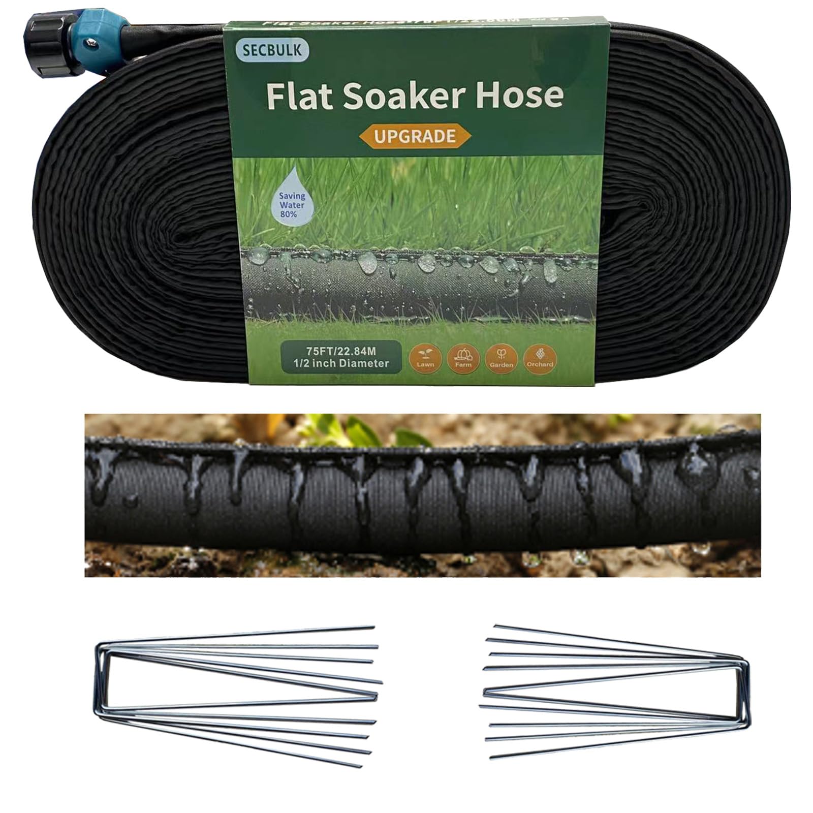 Photo 1 of Secbulk 2025 Flat Soaker Hose 75 ft with Stakes for Garden, 75ft Linkable Drip Hose Diy Garden Irrigation System Saving 80% Water, Dual-layer Leak-free Design Water Hose with Holes