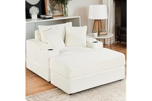 Tassullo Oversized Indoor Lounge Chaise Chair with Ottoman, Wide Corduroy Upholstered Sofa Chaise Pocket Spring Cushion, Cozy Living Room Chair with Storage Armrest & Cupholders (Beige)