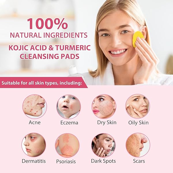 TURMERIC CLEANSING PADS, KOJIC ACID AND TURMERIC CLEANSING PADS, TURMERIC KOJIC ACID CLEANSING PADS, HELPS BALANCE SKIN OIL AND WATER, GENTLE & NON-IRRITATING FOR FACE AND BODY（2PACK * 40PCS）