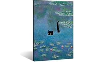 Gwindrise Wall Art Paintings: Monets Black Cat in the Water Lily Pond, 12x16-Inch Framed Canvas Wall Art for Living Room, Bedroom, Bathroom Decor, Vintage Prints Funny Gifts