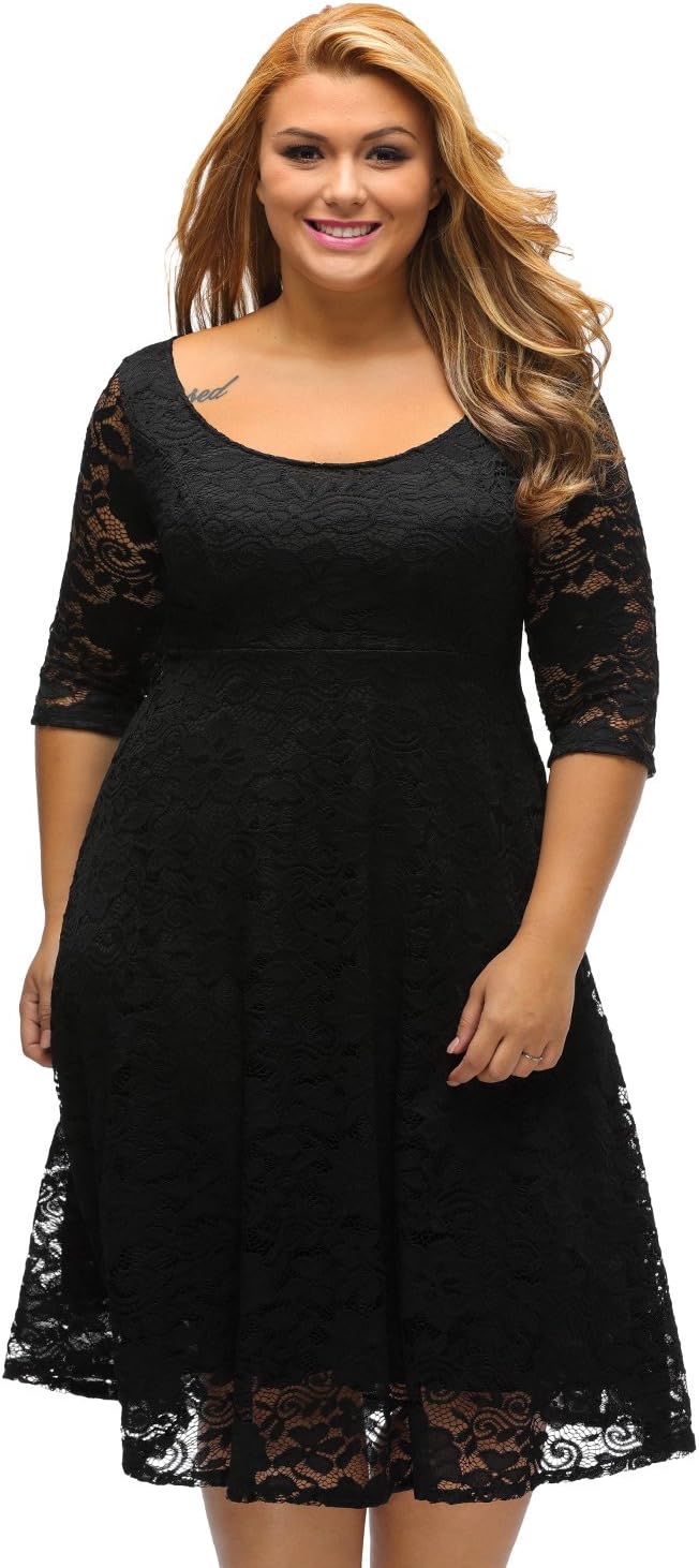 Lace Flowers Plus Size Scoop Neck Skater Dress Party Dress Cocktail Dresses