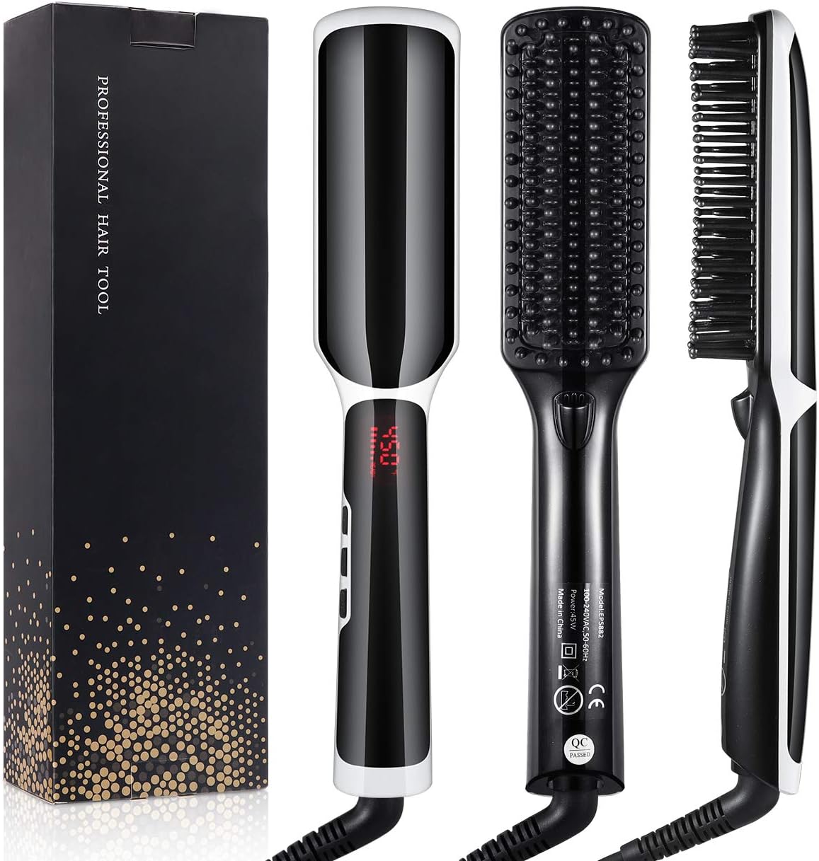 Ionic Hair Straightener Brush, BHY Hair Straightening Brush with Negative Ion, 30s Fast Heat up, LCD Display, Auto-Off & Dual Voltage, Portable Ceramic Straightening Comb for Home and Travel