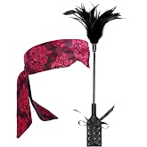 Feather Tickler for Play 16" Blindfold Satin Eye Mask 59" Faux Leather Feather Ticklers Teasers Set for Couples