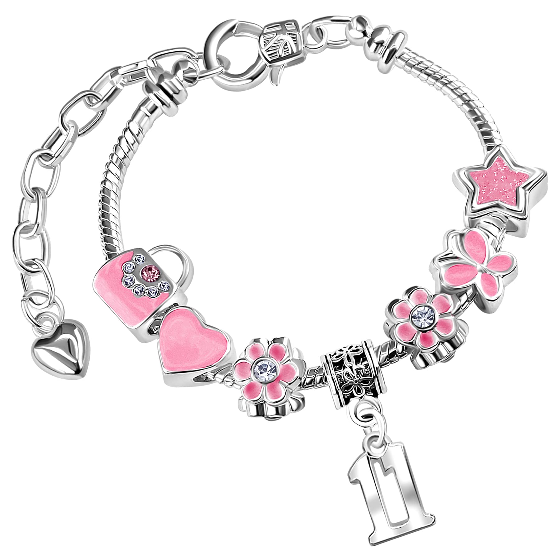 Girls 11th Birthday Sparkly Pink Handbags and Butterflies Silver Plated Adjustable Charm Bracelet with Gift Box 11th Birthday Gifts for Girls Age 11