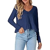 Vrtige Women's Casual V Neck Long Sleeve Peplum Ruffle Hem Babydoll Blouse Shirt Crop Top Dark Blue X-Small