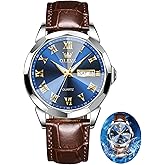 OLEVS Men's Chronograph Quartz Watches, Leather Strap Gold Case with Day Date, Waterproof Stainless Steel Wrist Watch, Luminous Hand Analog Watches for Men, Brown/Black/Blue/White Dial