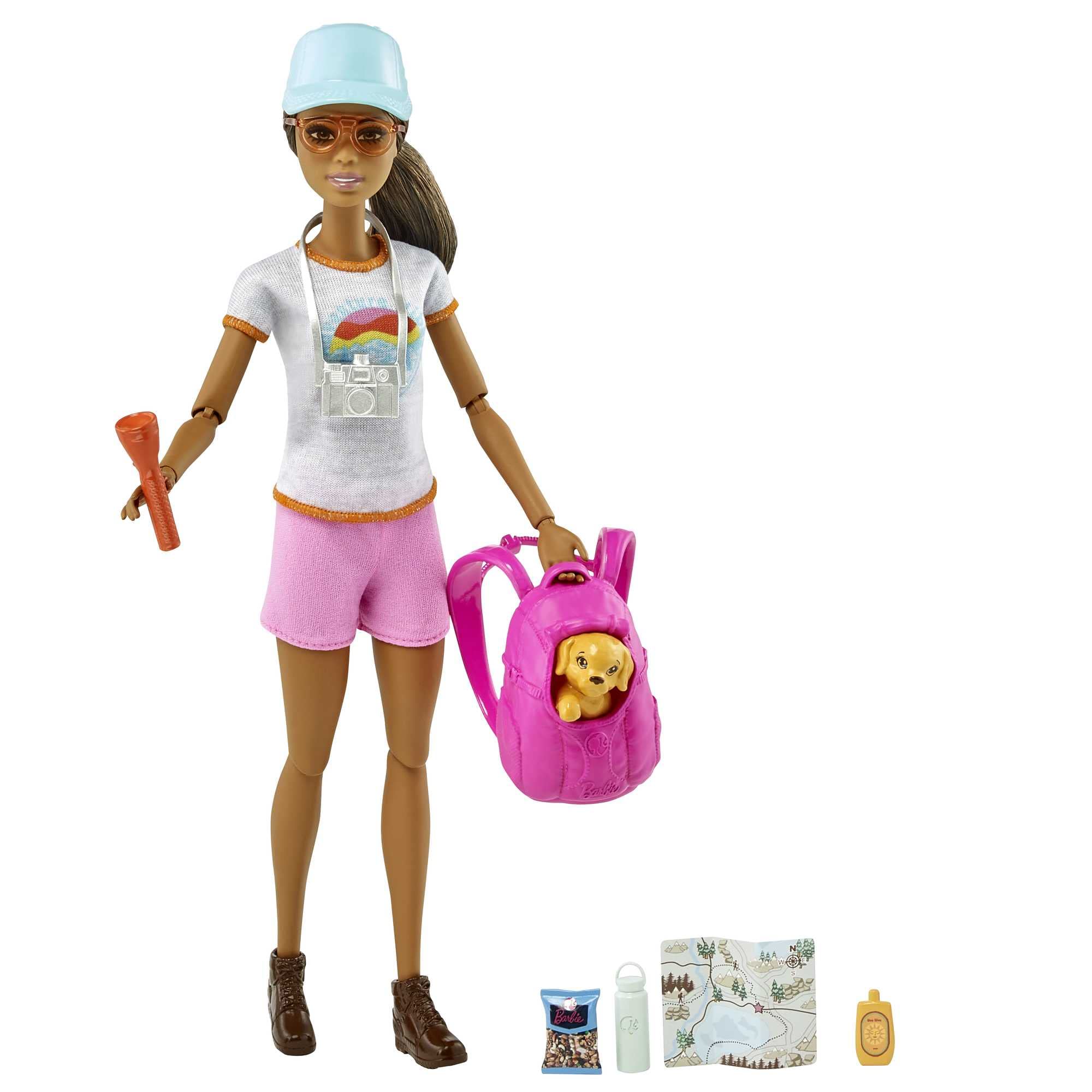 ​Barbie Doll, Kids Toys, Brunette Doll with Puppy, Barbie Sets, Hiking Day, Self-Care Series, Backpack Pet Carrier, Camera and More, HNC39