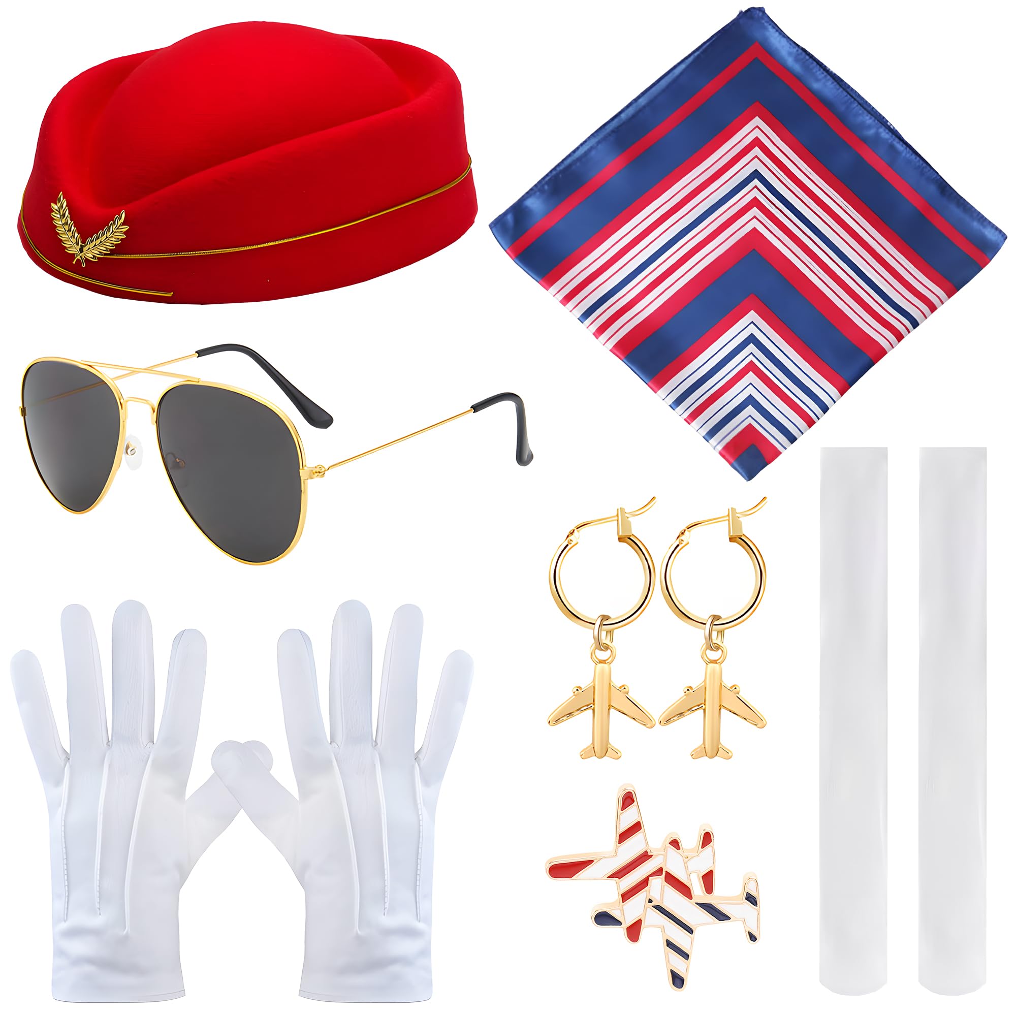 MOSNOW Flight Attendant Costume for Women, 7-Piece Stewardess Uniform Set with Hat, Scarf, Earrings, Brooch, Gloves, Sunglasses, Stockings - Fashion Role Play Outfit for Theme Party, Cosplay