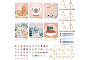 YooNotee 6 Pack Christmas Paint by Numbers Kit 8 x 8 Inch Pink Themed DIY Canvas with Wooden Display Easel, Brushes and Paints 6 Designs for Adults Family Holiday Decor