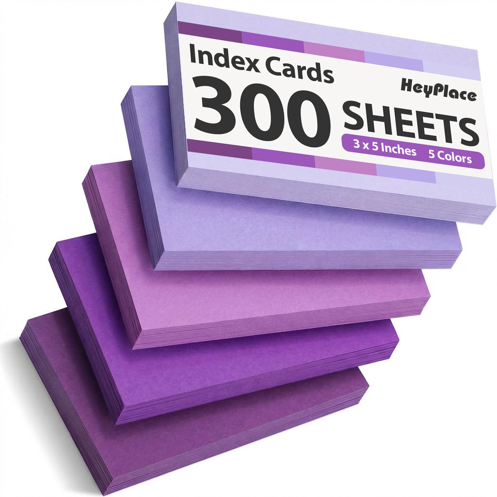 HEYPLACE 300 Count Index Cards 3 x 5 Inch, Purple Flash Cards for Studying, Cute Notecards for Home, Office, Recipe, School, College Supplies, To Do List, 5 Purple Colors