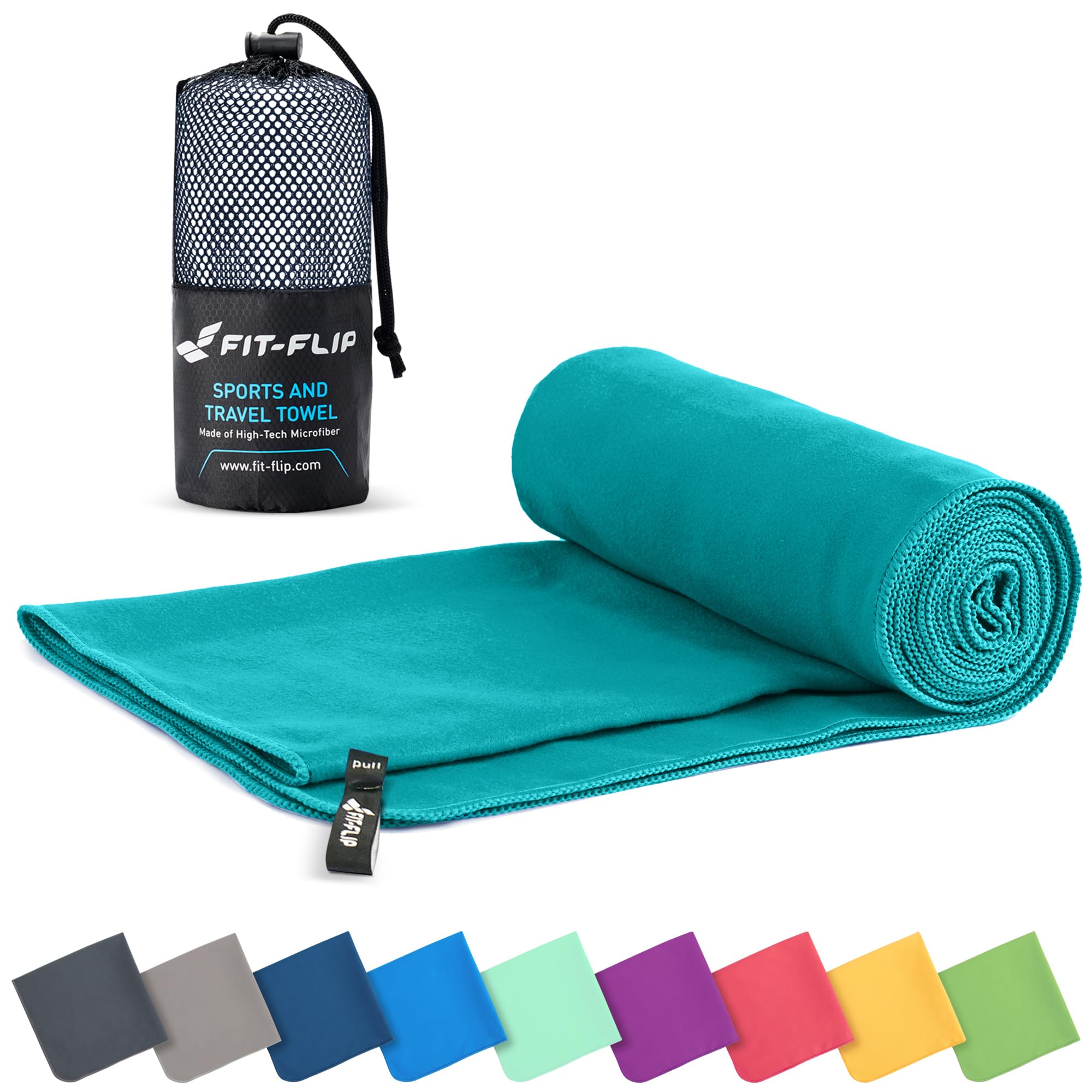 Fit-Flip Microfibre towel - compact, ultra lightweight & quick dry - perfect for gym, travel & beach - swimming towels for sports, camping & hiking (50x100cm petrol + bag)