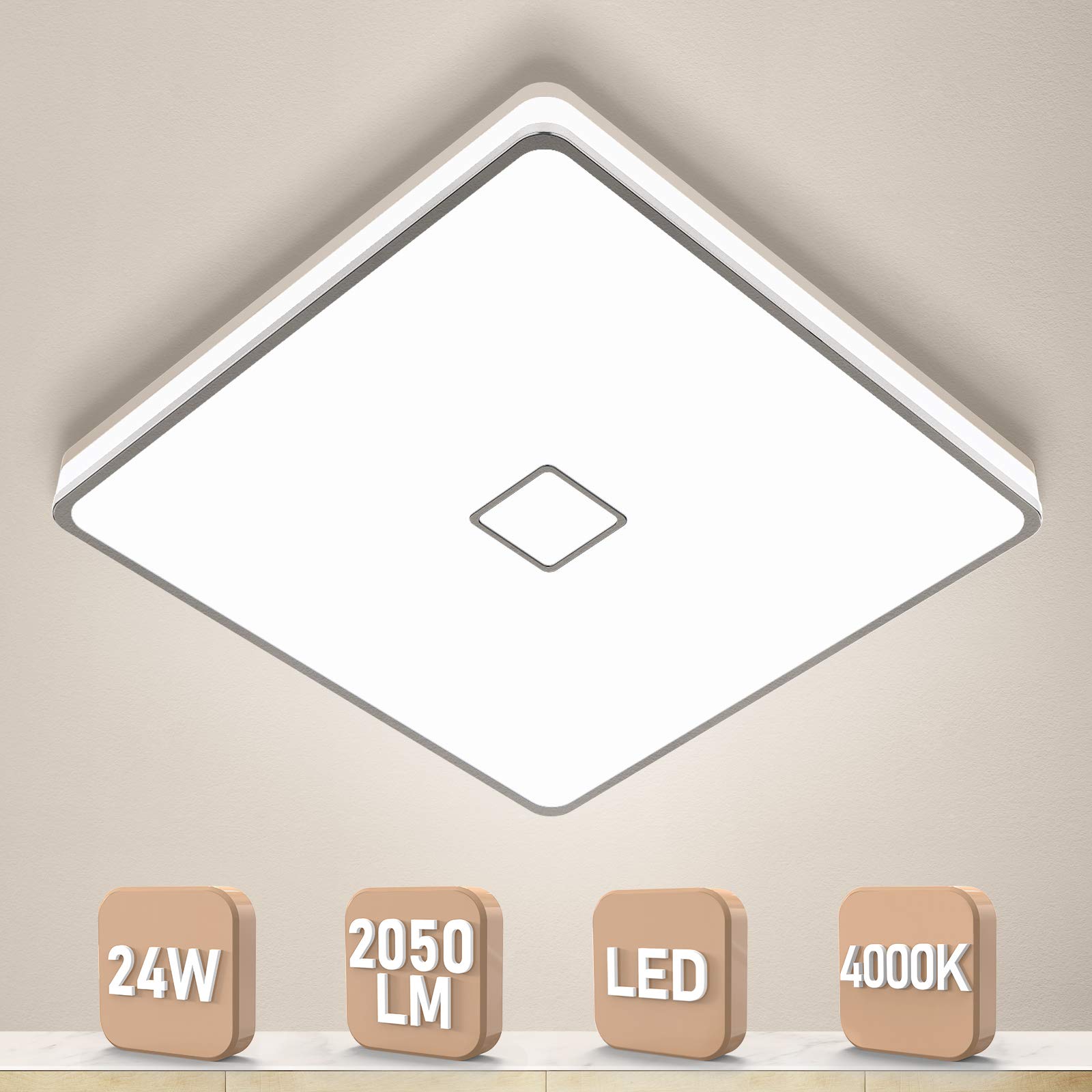 Bathroom Ceiling Light LED Lamp 24W 2050LM Ceiling Lighting Super Bright Waterproof IP44 Flush Mount Ceiling Lamp for Bathroom Hallway Kitchen Bedroom Living Room Office Balcony Neutral White 4000K