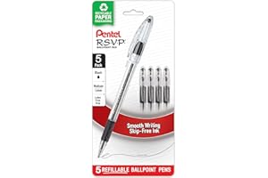 Pentel RSVP Ballpoint Pen, (1.0mm), Medium Line, Black Ink, Pack of 5 (BK91BP5A)