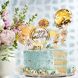 DKBT 13Pcs Gold Cake Toppers Kit Happy Birthday Acrylic Banner Sequins Balloon view 2