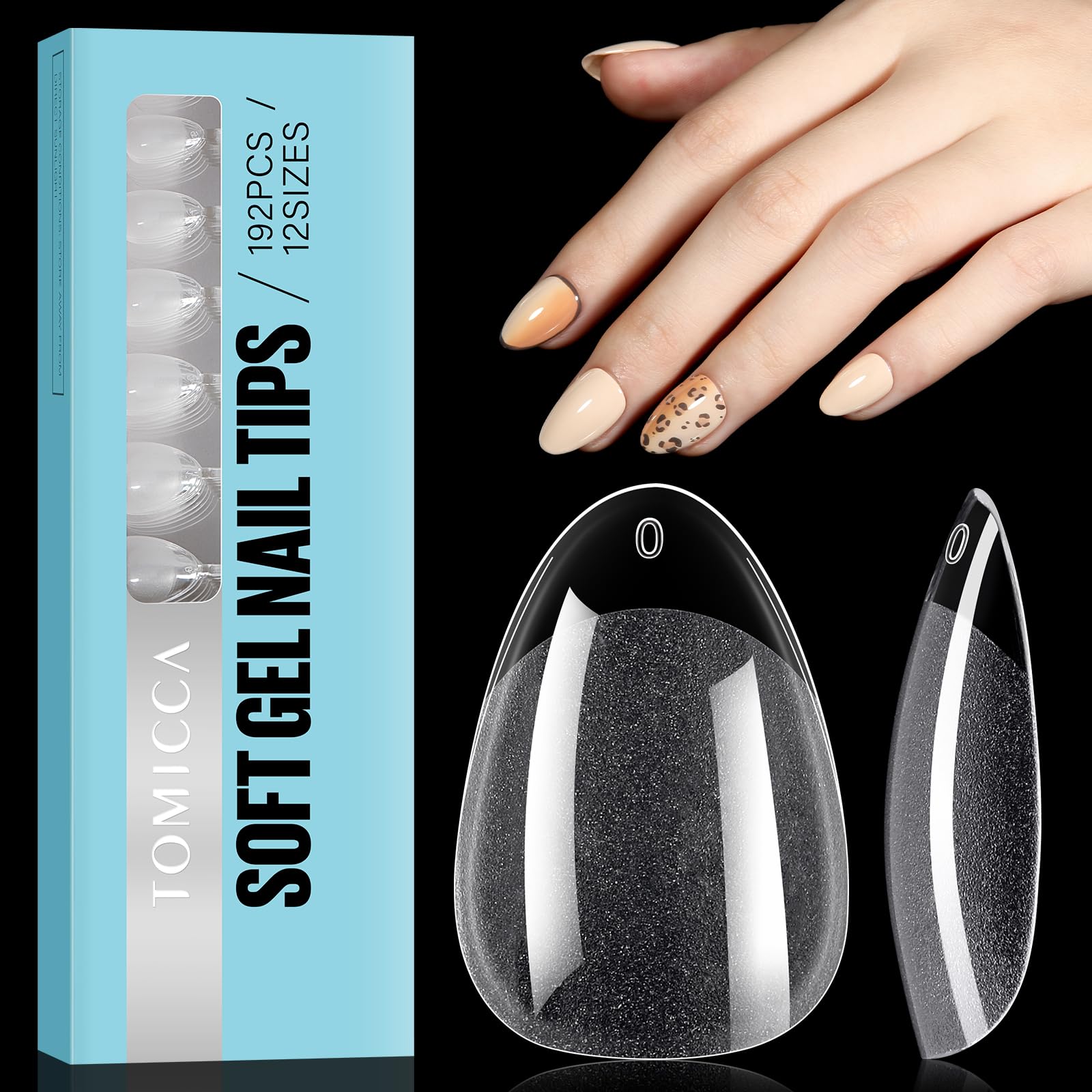 TOMICCA Almond Shaped Short Nail Tips - 192PCS Half Matte Soft Gel, No File Needed- Full Cover False Nails, Clear Acrylic & Strong Tips for Press On Extension - 12 Sizes — image 1