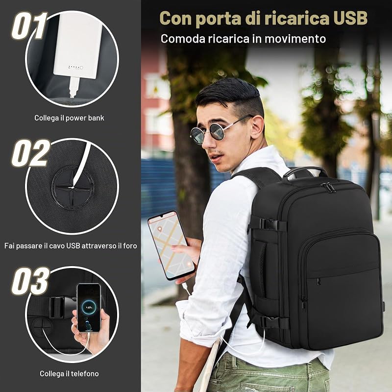 Bagaglio a mano 45 × 36 × 20 per Easyjet, Zaino da Viaggio Sotto il Sedile Aereo Borsa da Cabina Voli Zaini Casual Valigia Ufficio scolastico lavoro Borse Adatto a Laptop da 17 pollici — foto 6 di 7