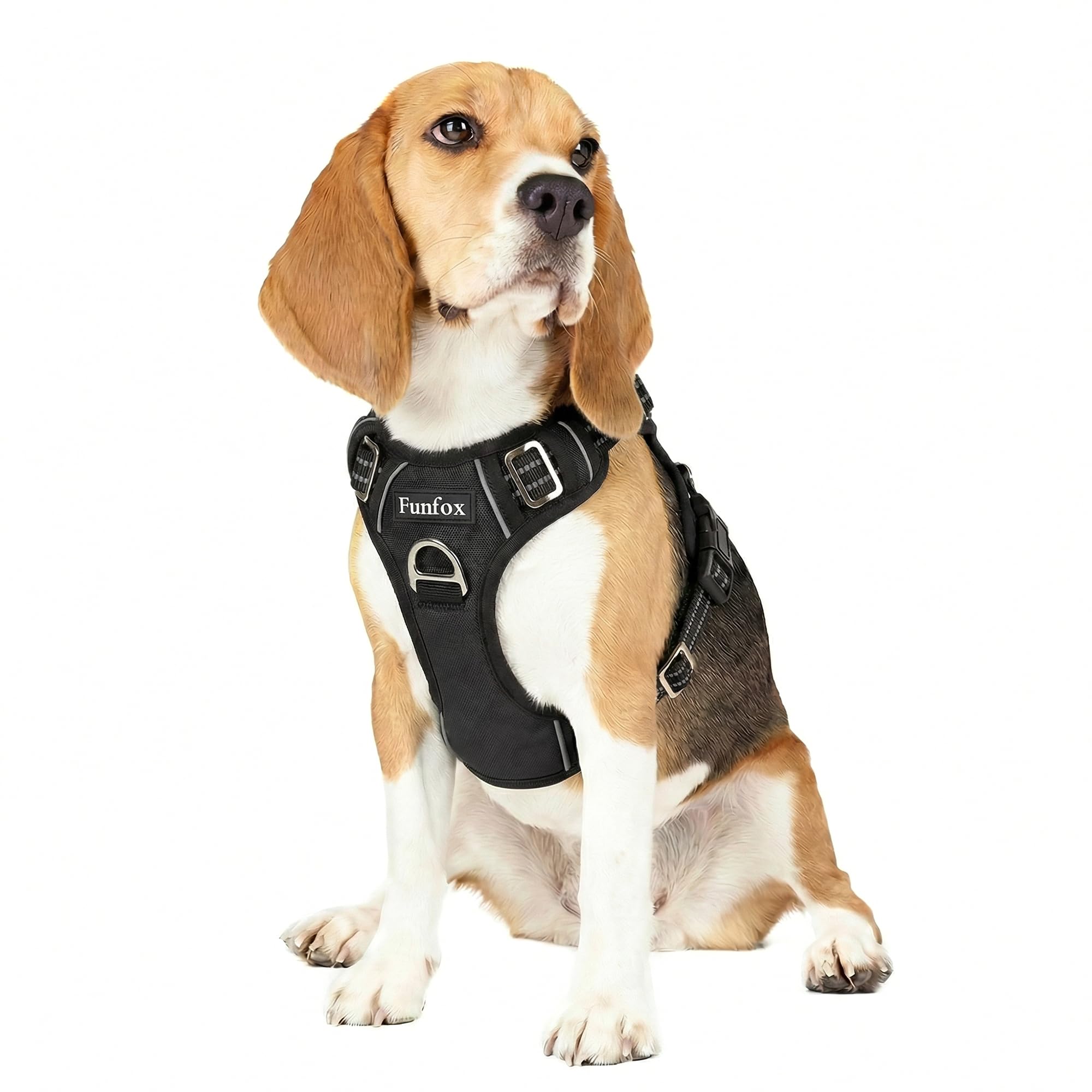 Funfox Dog Harness Medium, No Pull Harness with Front Clip & Vertical Handle, Adjustable Anti Pull Padded Pet Vest, Reflective Night Walking Size for Small Medium Large Breed, Black M