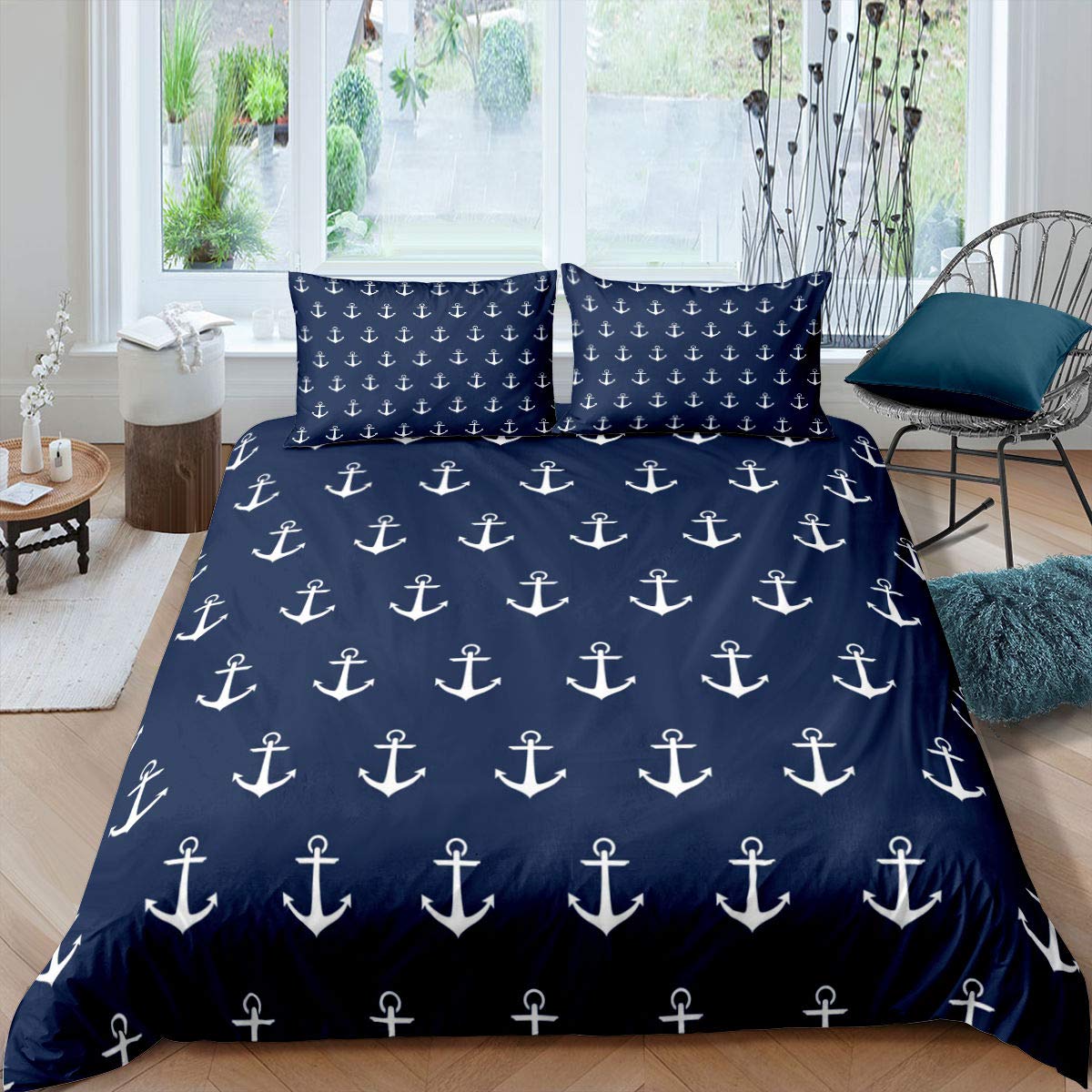 Loussiesd Ocean Nautical Bedding Set Anchor Printed Duvet Cover Set for Kids Adults Sea Adventure Surfing Comforter Cover Soft Luxury Quilt Cover Room Decor 3Pcs King Size,Zipper,Navy Blue
