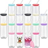 20 Pack Drinking Glass Cups with Acrylic Lids and Glass Straws 16oz Clear Glass Tumblers Can Shaped Iced Coffee Cups Drinking Glasses, Cute Glass Cups for Tea Beer Soda Smoothie Whiskey Gift