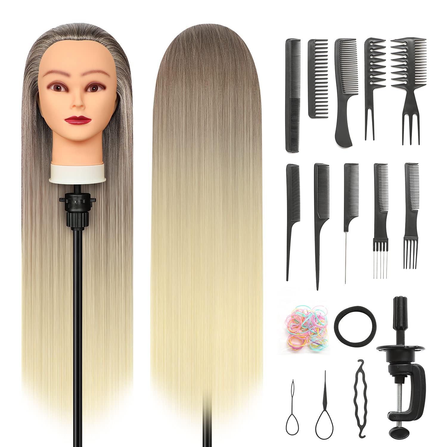 Styling Head 28 inch Hairdresser Training Head 100% Synthetic Fiber Hair Styling Head, Training Head Hairdressing Head with Free Clamp and DIY Braiding Set (Golden)