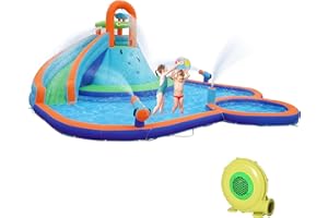 Outsunny Kids Inflatable Water Slide 4-in-1 Bounce House Water Park Jumping Castle with Water Pool, Slide, Climbing Walls, & 2 Water Cannons, 450W Air Blower