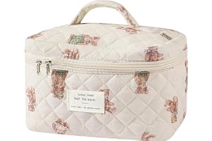 GOSECT Large Makeup Bag, Cute Cosmetic Bag for Women Girls, Floral Coquette Aesthetic Toiletry Bag, Travel Make Up Organizer Bag (White-Bear)