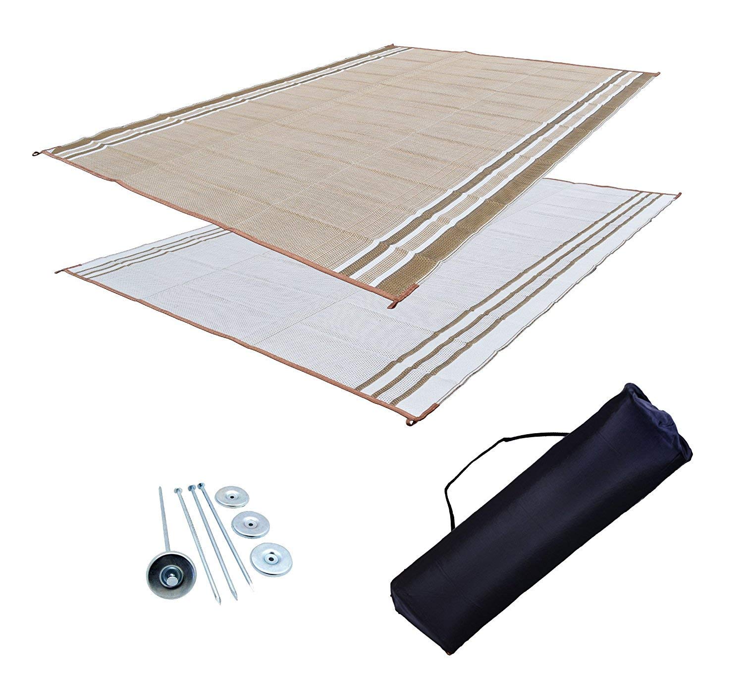 Professional EZ Travel Collection Reversible RV Outdoor Rug for Backyards, Beaches, Camping Grounds, Patios, and More, Storage Bag and Mat Stakes Included, Beige (9x12)