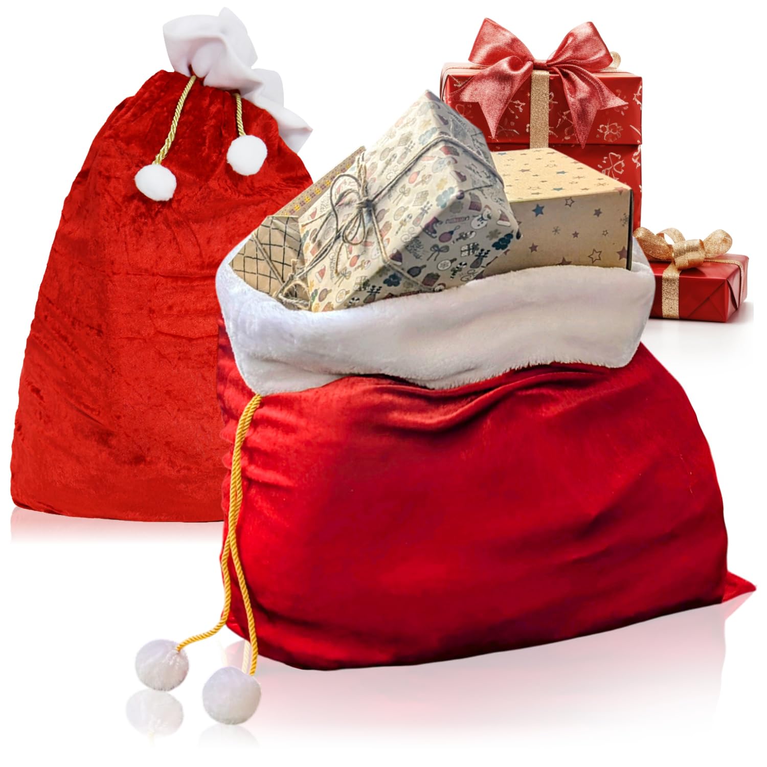 COM-FOUR® 2x noble XXL Christmas bag made of velvet with cord and bobbles - gift bag for Christmas - Santa bag to fill for Santa Claus costume & decoration (2 pieces - gold-colored cord)