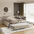 DNYN Upholstered Full Size Daybed with Trundle & Backrest & Armrests for Living Room,Wooden Bedframe w/Wood Slat Support & Sofabed Design,No Box Spring Needed,Perfect for Bedroom,Guest Room, Beige