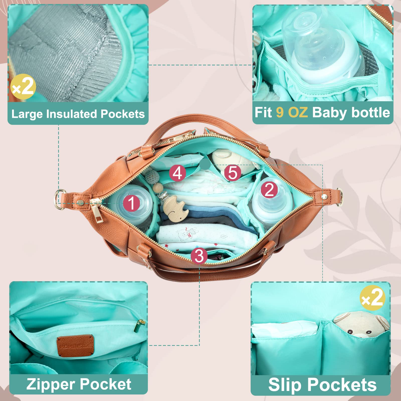 MOMINSIDE Small Diaper Bag, Mini Diaper Tote, Leather Diaper Bag Purse, Crossbody Baby Bag with 13 Pockets, Diaper Clutch for Women Mom, 2 Insulated Pockets(Brown)