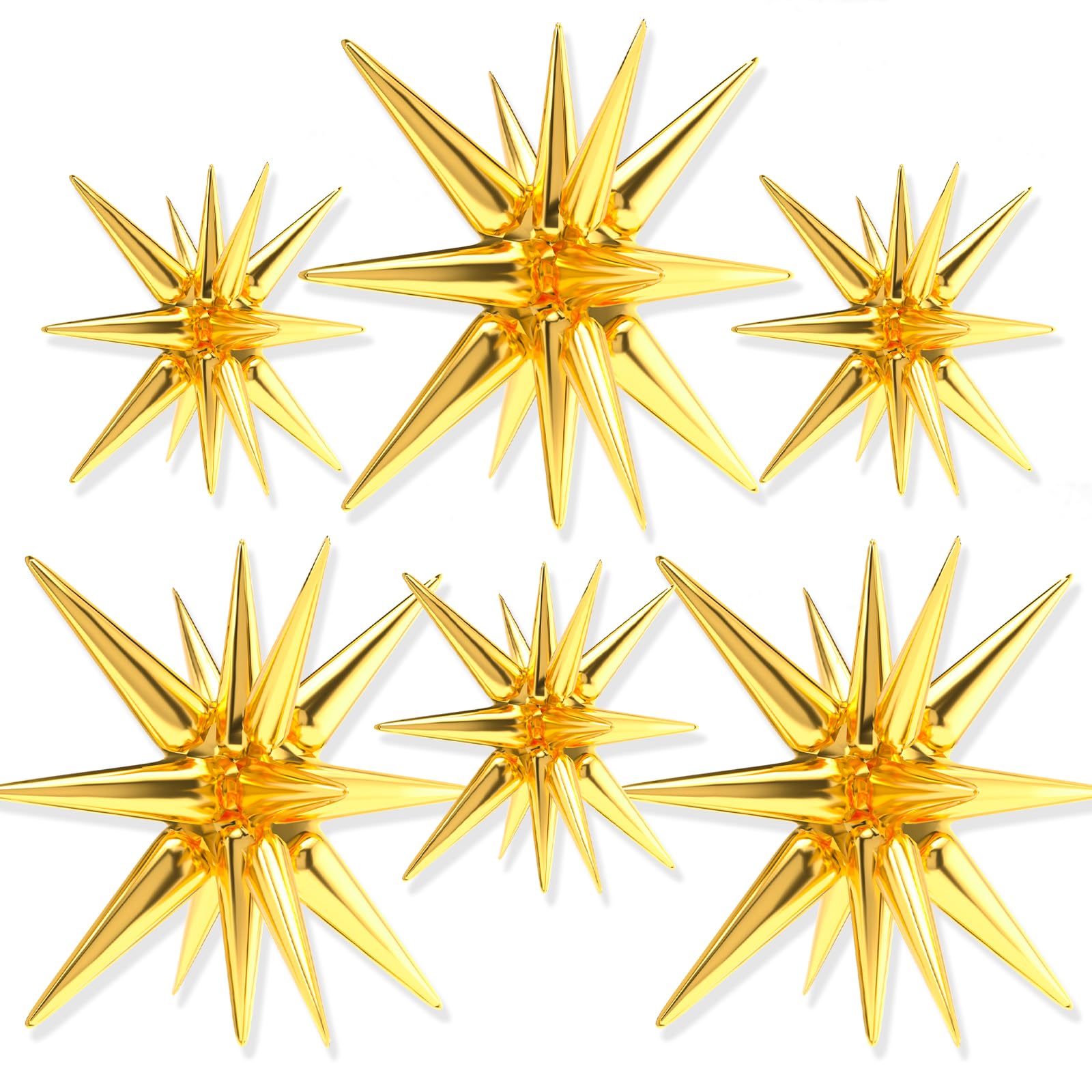 Photo 1 of PartyWoo Gold Star Balloons 6 pcs, One-Piece 14-pointed Star Explosion Balloons with Ribbon, Gold Point Star Foil Balloons, Large Mylar Balloons Fireworks Shape (27 & 22 inch)