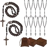 Equsion 12 Set Wooden Bead Rosary Necklace Catholic Rosary Wood Carved Solid Beads with Jesus Cross Our Father with Velour Gift Pouch Baptism Favors Catholic Gift(Dark Coffee)