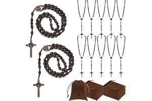 Equsion 12 Set Wooden Bead Rosary Necklace Catholic Rosary Wood Carved Solid Beads with Jesus Cross Our Father with Velour Gift Pouch Baptism Favors Catholic Gift(Dark Coffee)