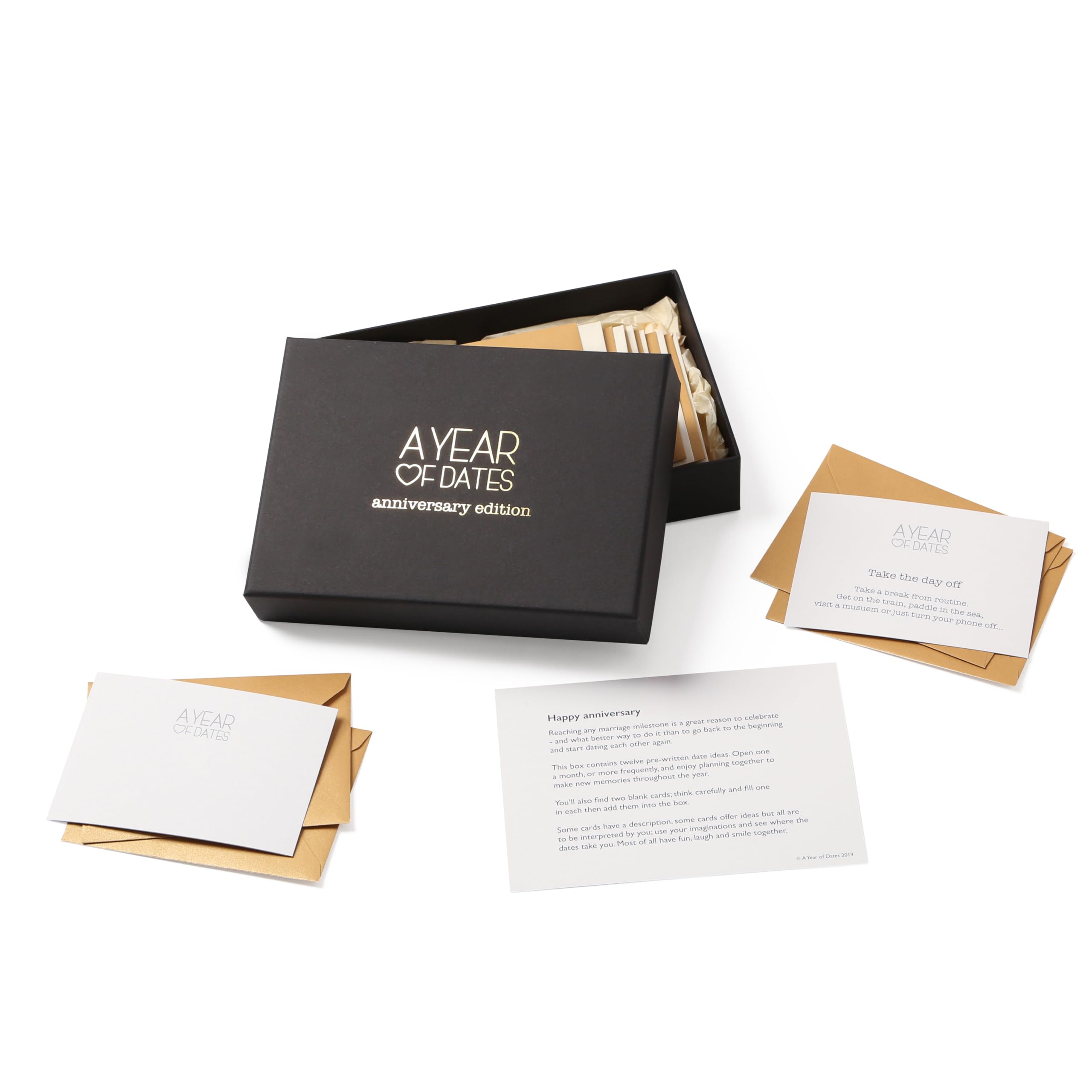 A Year Of Dates - 50th Anniversary Edition. Date Ideas for Couples in 12 Sealed Golden Envelopes in Presentation Gift Box. Thoughtful Gifts for Couples on Gold Anniversary.