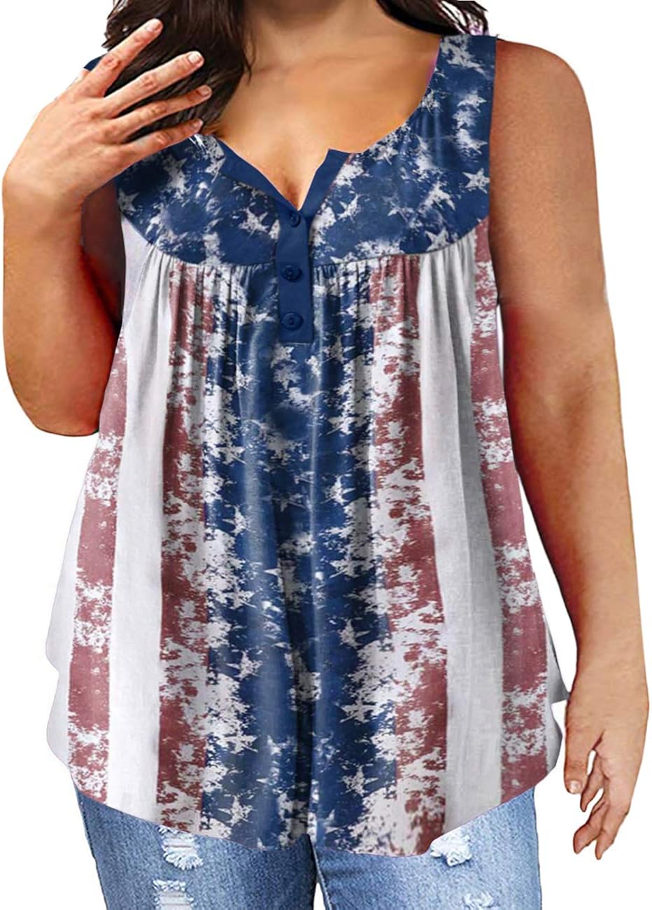 YONYWA Womens Plus Size Tank Tops Sleeveless American Flag T Shirts